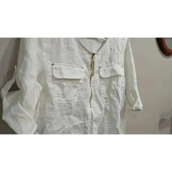 White 100% linen short sleeve top w/ gold zipper by Company Ellen Tracy size S - Picture 4 of 5